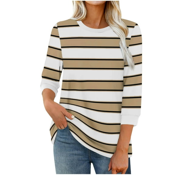cocolona Womens Trendy Striped Shirts Fall Crew Neck 3/4 Sleeve Pullover Tops Casual Lightweight Comfy Blouses 2025