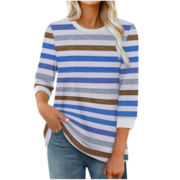 cocolona Womens Trendy Striped Shirts Fall Crew Neck 3/4 Sleeve Pullover Tops Casual Lightweight Comfy Blouses 2025