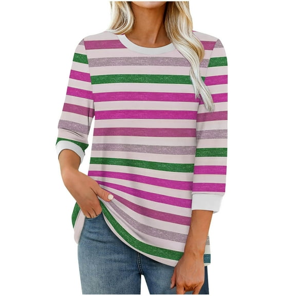 cocolona Womens Trendy Striped Shirts Fall Crew Neck 3/4 Sleeve Pullover Tops Casual Lightweight Comfy Blouses 2025