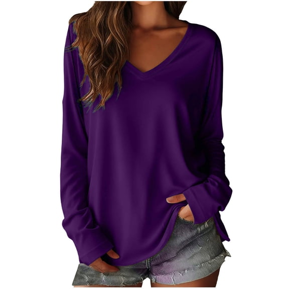cocolona Womens Tunic Tops Oversized V Neck Long Sleeve T-shirts Fashion Casual Loose Solid Color Blouses Basic Tees