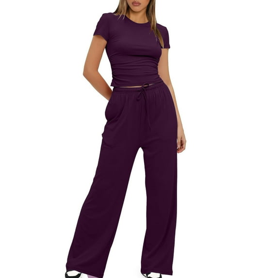 cocolona Womens Two Piece Outfits Crew Neck Short Sleeve Tops + Elastic Waist Wide Leg Pants Tracksuit Sets Lounge Sets Purple S