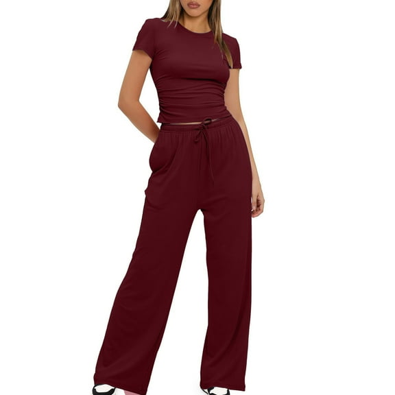 cocolona Womens Two Piece Outfits Crew Neck Short Sleeve Tops + Elastic Waist Wide Leg Pants Tracksuit Sets Lounge Sets Wine XL