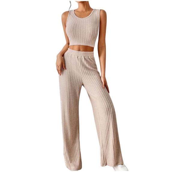 cocolona Womens Two Piece Outfits Cropped Knitted Tank Tops + High Waist Wide Leg Pants Comfy Lounge Matching Sets Beige L