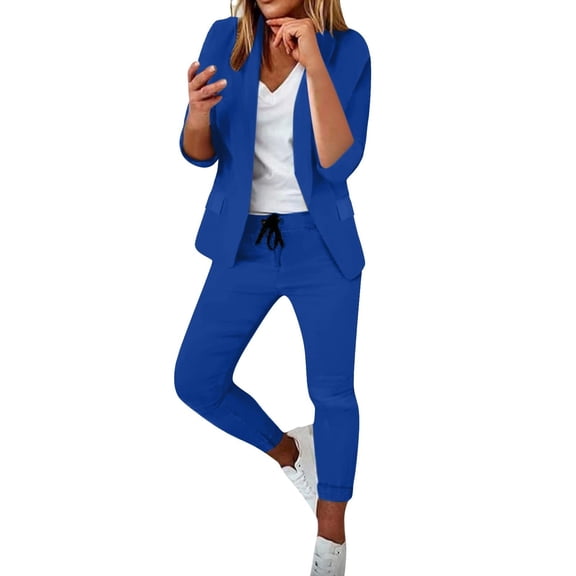 cocolona Womens Two Piece Outfits Dressy Casual Long Sleeve Blazer Jacket   Long Pants Sets Business Work Office Suit Sets Blue XL
