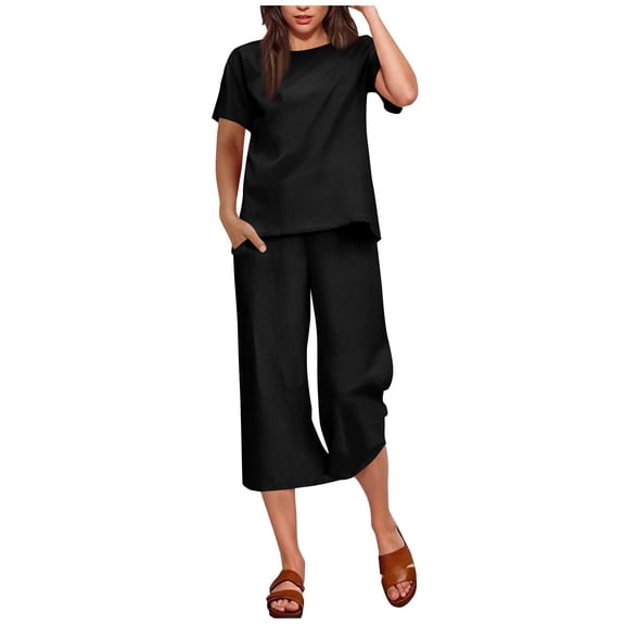 cocolona Womens Two Piece Sets Casual Summer Comfy Lounge Matching Sets Short Sleeve Tops + Capri Pants Vacation Travel Outfits Black L