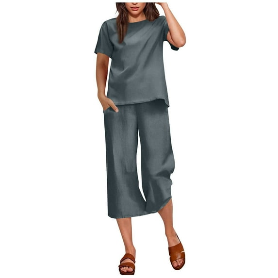 cocolona Womens Two Piece Sets Casual Summer Comfy Lounge Matching Sets Short Sleeve Tops + Capri Pants Vacation Travel Outfits Dark Gray XL