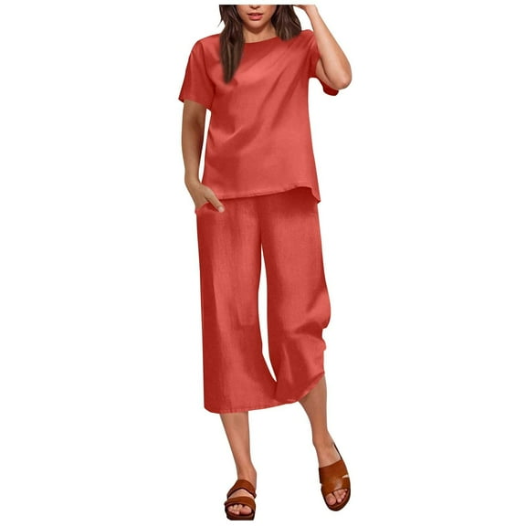 cocolona Womens Two Piece Sets Casual Summer Comfy Lounge Matching Sets Short Sleeve Tops   Capri Pants Vacation Travel Outfits Red 2XL