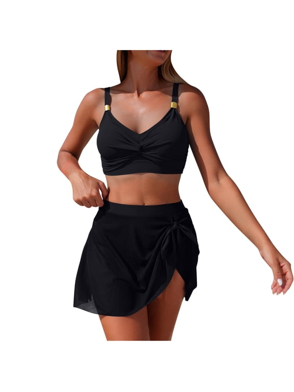 Womens Two Piece Swimsuits Fashion Solid Color Bikini Sets with Skirts Vacation Beach Bathing Suits