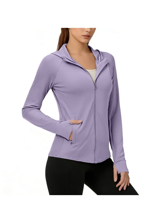 Womens UPF 50+ Sun Protection Shirts Full Zip Long Sleeve Hooded Jacket Outdoor Hiking Workout Tops