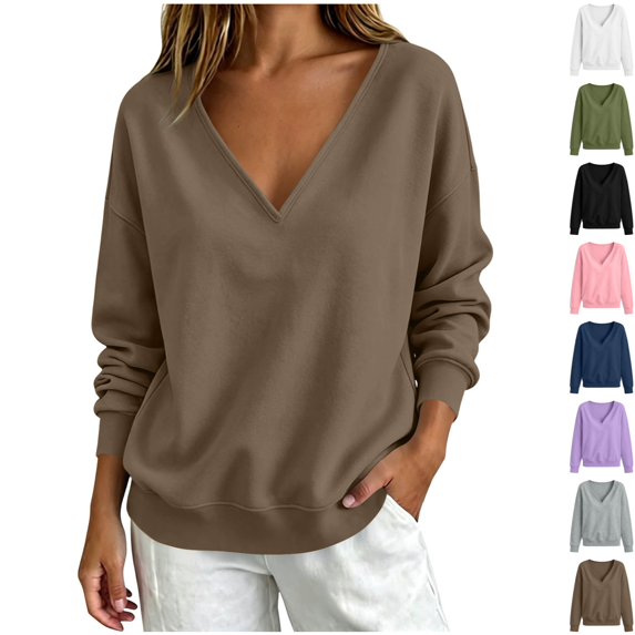 cocolona Womens V Neck Oversized Sweatshirts Long Sleeve Casual Loose Solid Color Fall Tops