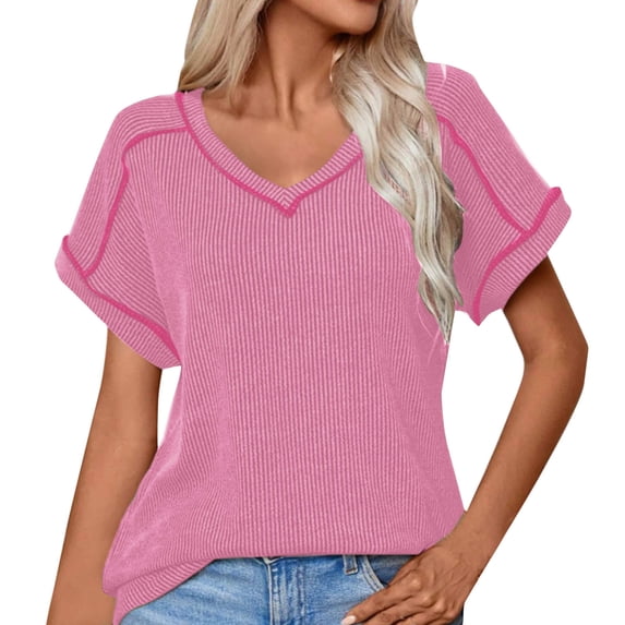 cocolona Womens V Neck Short Sleeve Ribbed Tops Summer Casual Loose Solid Color T-shirts Tops Trendy Comfy Blouse