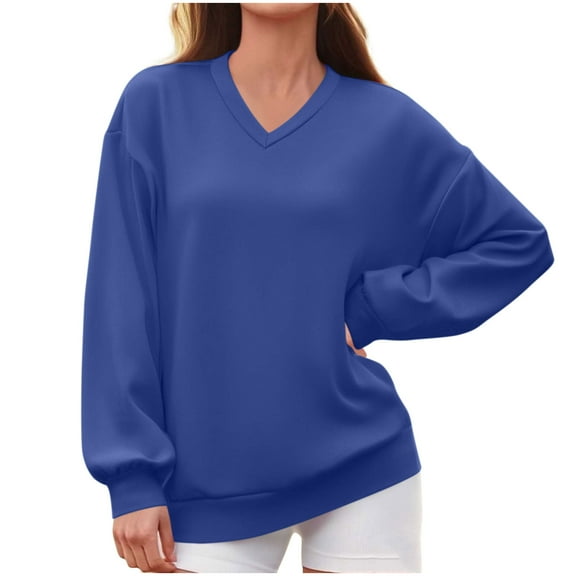cocolona Womens V Neck Sweatshirts Fall Oversized Long Sleeve Shirts Fashion Solid Color Pullover Tops Casual Comfy Blouses