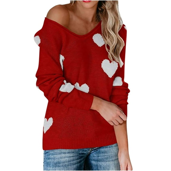 cocolona Womens V-neck Knitted Sweater Valentine's Day Loose Long Sleeve Shirts Fall Winter Pullover Sweater Tops