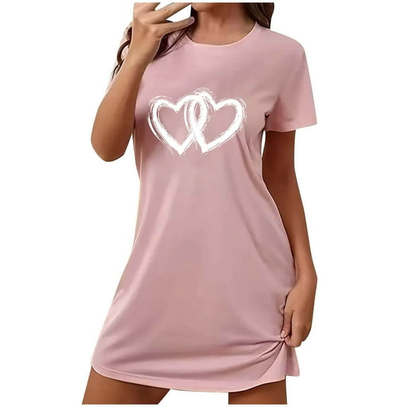 cocolona Womens Valentines Day Mini Dress Summer Short Sleeve T-shirt Dress Fashion Cute Heart Print Sun Dress Soft Nightgown