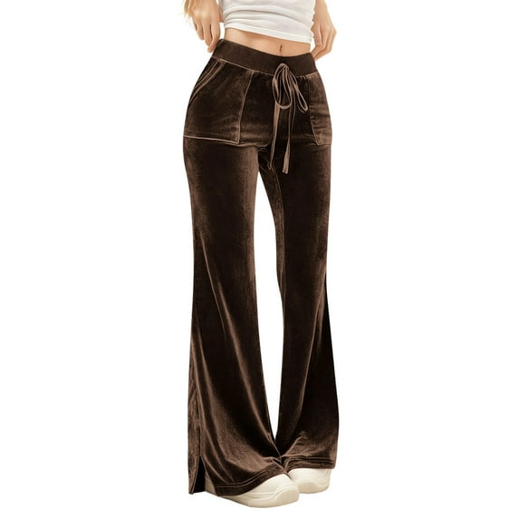cocolona Womens Velvet Pants Elastic Waist Drawstring Wide Leg Pants Fashion Solid Color Lounge Trousers with Pockets
