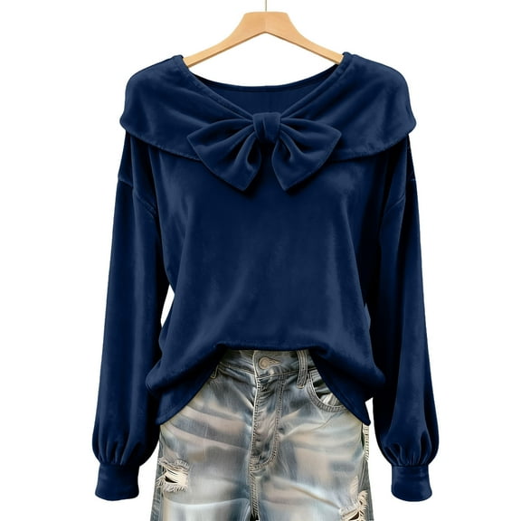 cocolona Womens Velvet Tops Long Sleeve Cute Bow Shirts Dressy Casual Blouses Fall Fashion Solid Color Tops