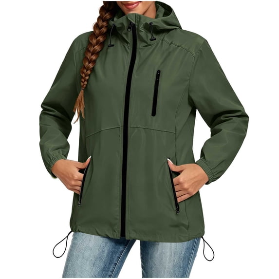 cocolona Womens Waterproof Sunscreen Thin Rain Jacket Lightweight Hooded Drawstring Hem Raincoat with Pockets for Hiking Travel Windbreaker Outerwear