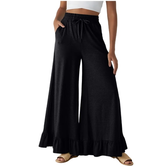 cocolona Womens Wide Leg Pants Elastic High Waist Ruffle Flowy Pants Baggy Sweatpants Solid Color Lounge Trousers with Pockets