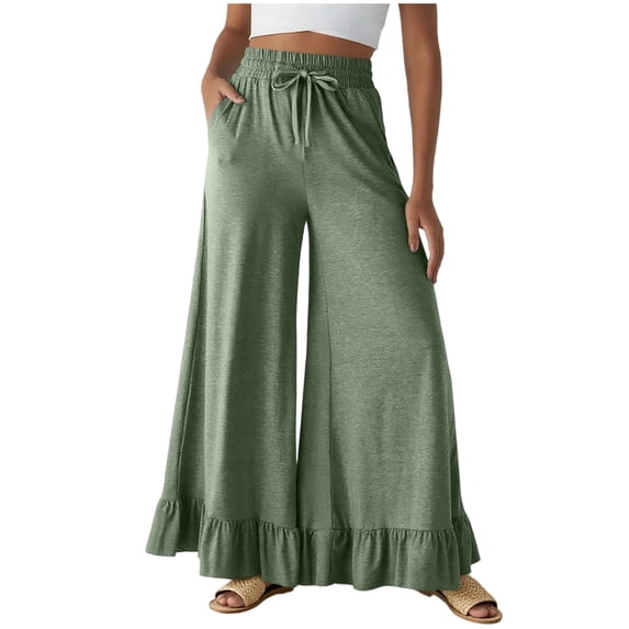 cocolona Womens Wide Leg Pants Elastic High Waist Ruffle Flowy Pants Baggy Sweatpants Solid Color Lounge Trousers with Pockets