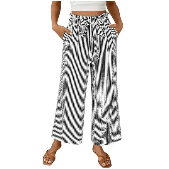 cocolona Womens Wide Leg Pants Elastic Waist Drawstring Striped Work Pants Fashion Casual Baggy Trousers Beach Vacation Clothes