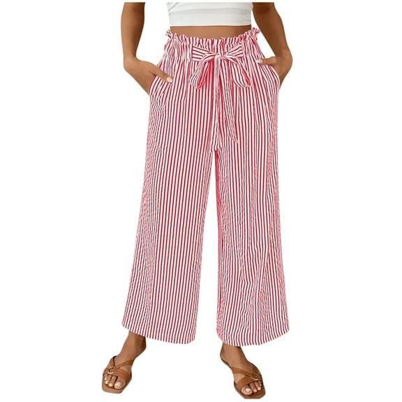 cocolona Womens Wide Leg Pants Elastic Waist Drawstring Striped Work Pants Fashion Casual Baggy Trousers Beach Vacation Clothes