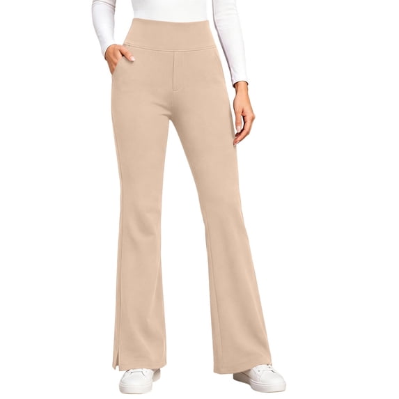 cocolona Womens Winter Casual Fleece Flare Pants Solid Color Elastic Waist Wide Leg Gym Workout Yoga Pants with Pockets