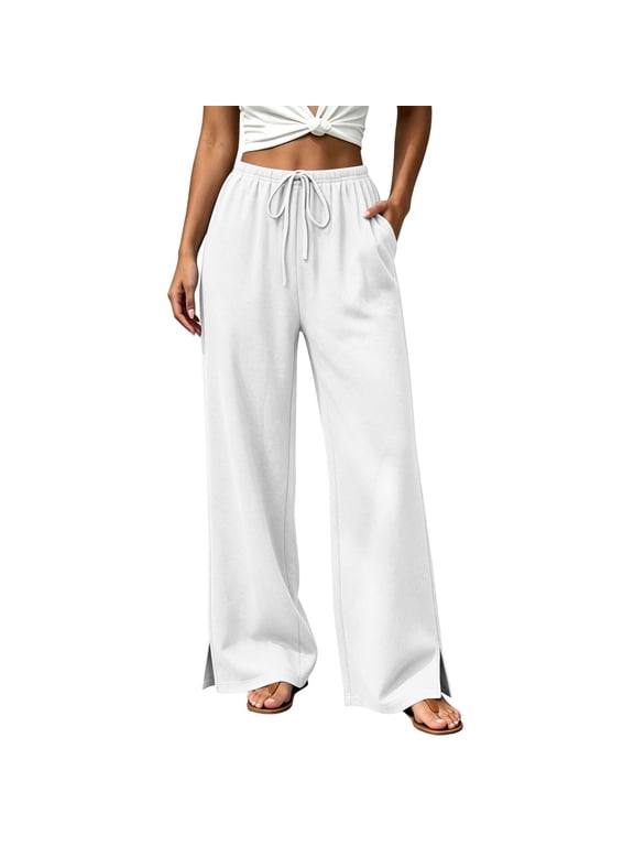 Womens Winter Casual High Waist Sweatpants Elastic Waist Drawstring Splited Wide Leg Gym Workout Pants with Pockets