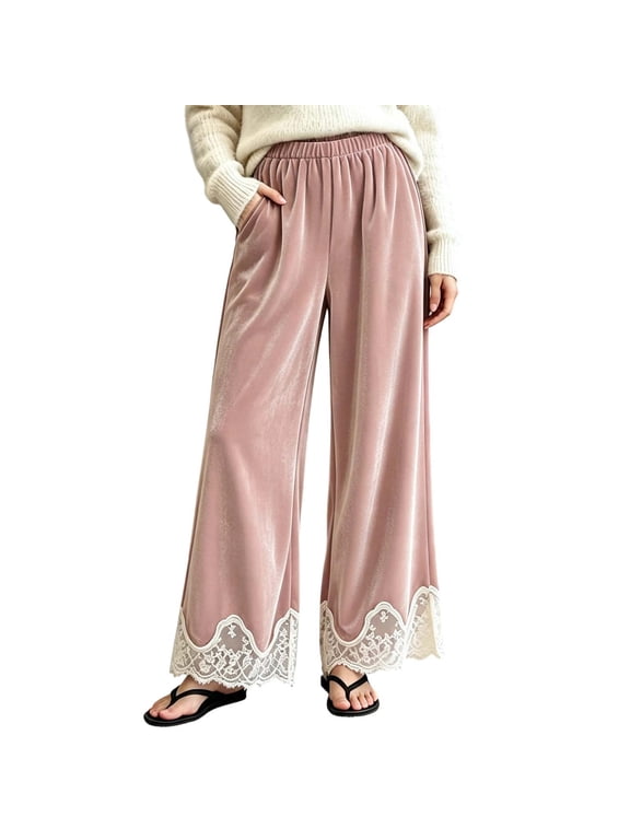 Womens Winter Casual Velvet Lace Palazzo Pants Elastic Waist Straight Wide Leg Travel Lounge Pants with Pockets