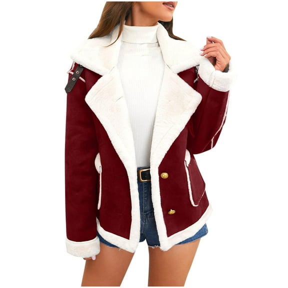 cocolona Womens Winter Fleece Warm Coat Long Sleeve Turn-down Collar Fuzzy Jacket Coat Fashion Patchwork Outwear with Pockets