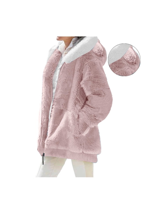 Womens Winter Fuzzy Coats Fleece Warm Jacket Casual Long Sleeve Oversized Hooded Coat Outwear with Pocket