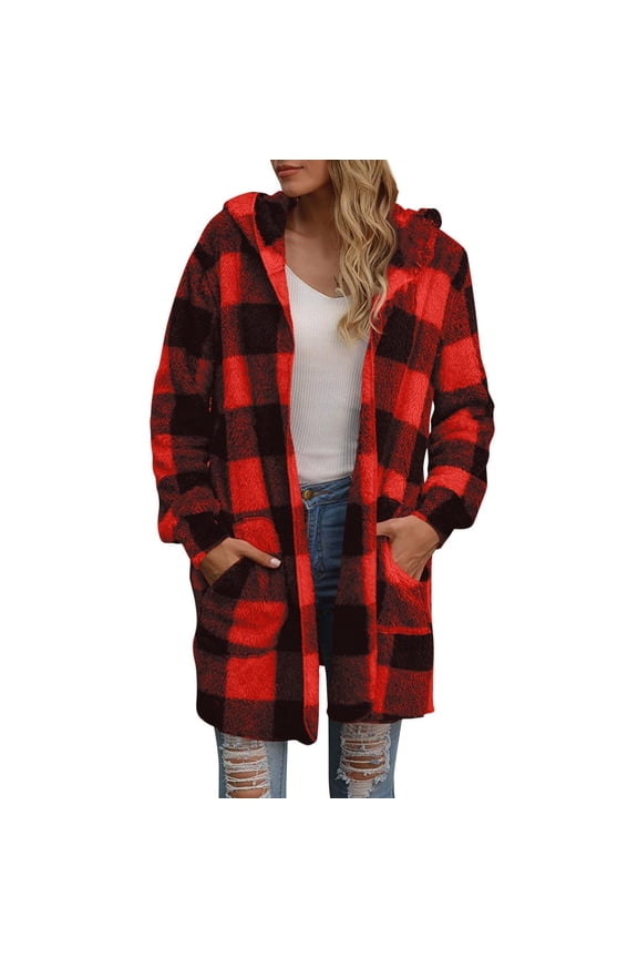Womens Winter Fuzzy Fleece Coats Oversized Open Front Cardigan Sweaters Long Sleeve Casual Plaid Hooded Jackets