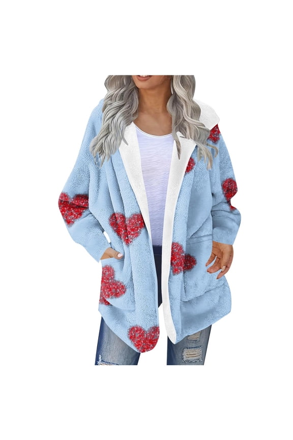 Womens Winter Fuzzy Fleece Jackets Cute Heart Print Oversized Hooded Coat Outwear Open Front Cardigan Sweaters Christmas Gifts