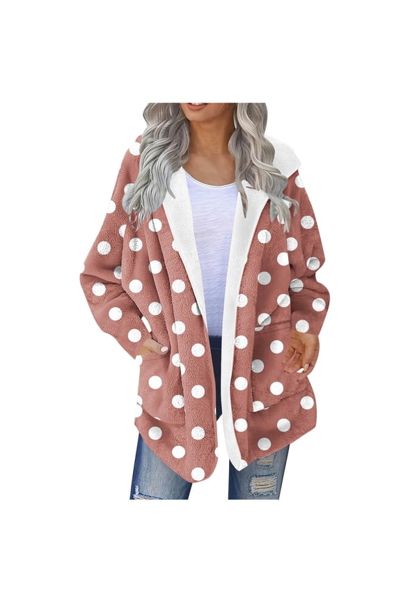 Womens Winter Fuzzy Fleece Jackets Cute Heart Print Oversized Hooded Coat Outwear Open Front Cardigan Sweaters Christmas Gifts