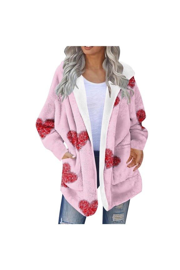 Womens Winter Fuzzy Fleece Jackets Cute Heart Print Oversized Hooded Coat Outwear Open Front Cardigan Sweaters Christmas Gifts