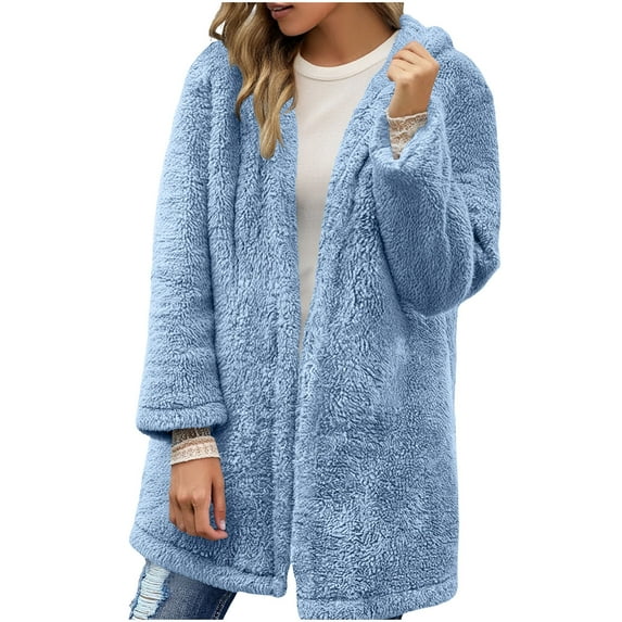 cocolona Womens Winter Fuzzy Fleece Jackets Oversized Open Front Cardigan Sweaters Casual Solid Color Long Sleeve Hooded Coats