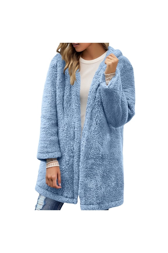 Womens Winter Fuzzy Fleece Jackets Oversized Open Front Cardigan Sweaters Casual Solid Color Long Sleeve Hooded Coats