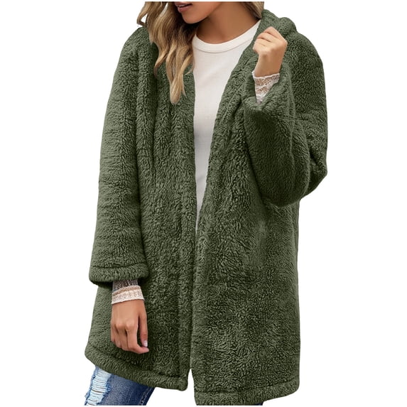 cocolona Womens Winter Fuzzy Fleece Jackets Oversized Open Front Cardigan Sweaters Casual Solid Color Long Sleeve Hooded Coats
