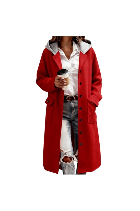 Womens Winter Long Cardigan Coat Long Sleeve Button Hooded Trench Coat Fashion Solid Color Pea Coat Casual Overcoat Outwear