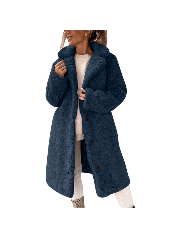 Womens Winter Long Fleece Fuzzy Coats Long Sleeve Button Up Lapel Warm Jacket Fashion Solid Color Trench Coat
