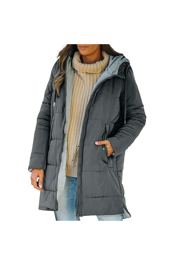 Womens Winter Long Puffer Coat Thicken Warm Quilted Jackets Long Sleeve Zip Up Drawstring Hooded Dwon Jacket with Zipper Pockets