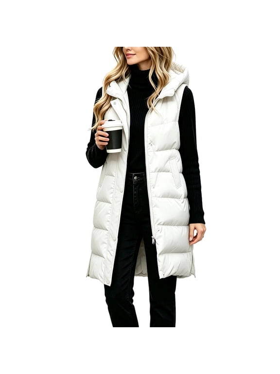 Womens Winter Long Puffer Vest Sleeveless Hooded Stand Collar Quilted Jacket Zipper Button Down LightWeight Winter Warm Long Coat