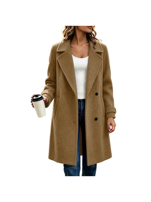 Womens Winter Trench Coat Notch Lapel Long Sleeve Classic Overcoat Solid Color Elegant Long Jacket