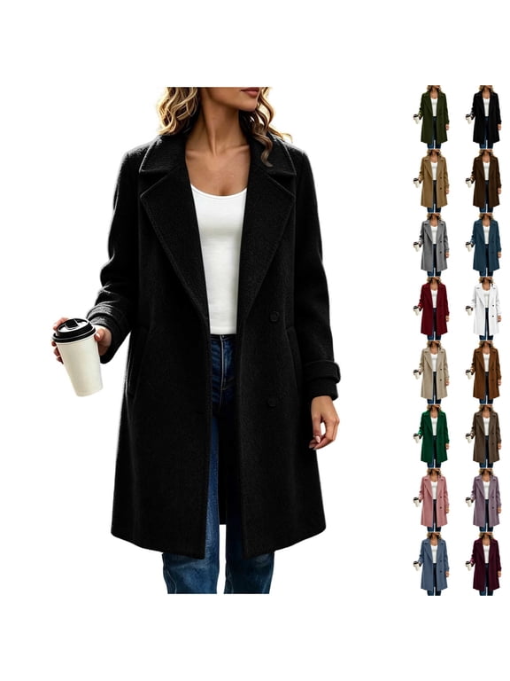 Womens Winter Trench Coat Notch Lapel Long Sleeve Classic Overcoat Solid Color Elegant Long Jacket