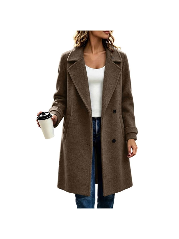 Womens Winter Trench Coat Notch Lapel Long Sleeve Classic Overcoat Solid Color Elegant Long Jacket