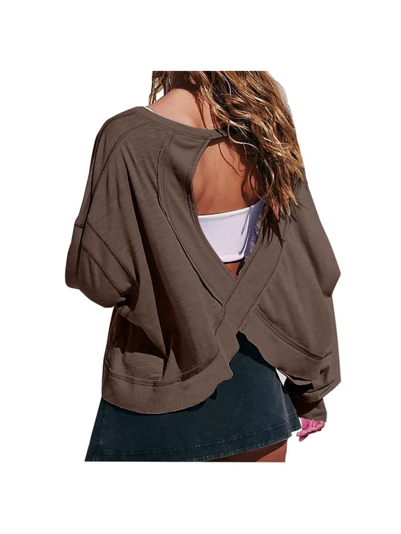 Womens Workout Backless Tops Outdoor Long Sleeve Crew Neck Yoga Shirts Trendy Casual Solid Color Tees Blouses