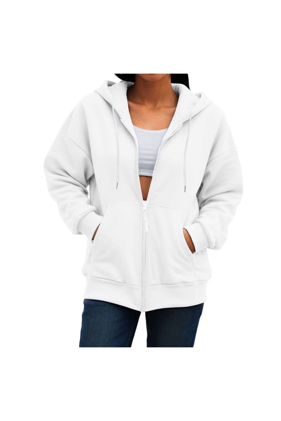 Womens Zip Up Hoodie Fall Winter Casual Solid Color Oversized Hooded Sweatshirts Comfy Long Sleeve Jacket Trendy Tops