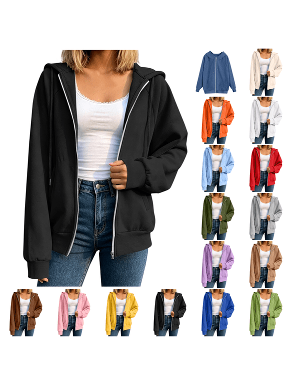 Womens Zip Up Hoodie Fall Winter Long Sleeve Oversized Hooded Sweatshirt Trendy Solid Color Jackets Tops with Pockets