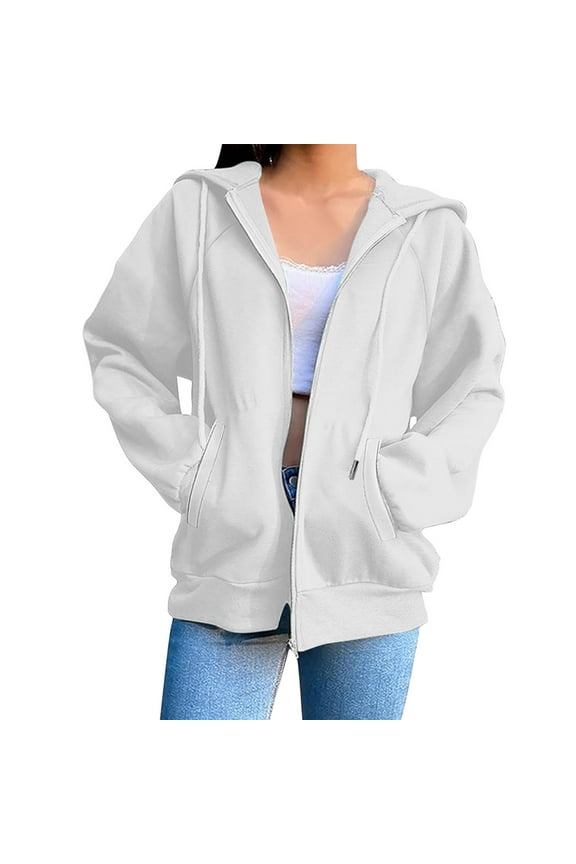Womens Zip Up Hoodie Fall Winter Long Sleeve Oversized Hooded Sweatshirt Trendy Solid Color Jackets Tops with Pockets
