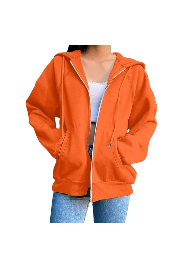 Womens Zip Up Hoodie Fall Winter Long Sleeve Oversized Hooded Sweatshirt Trendy Solid Color Jackets Tops with Pockets