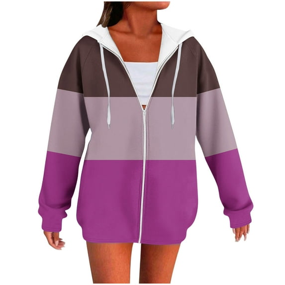 cocolona Womens Zip Up Hoodies Long Sleeve Casual Oversized Hooded Sweatshirts Fall Winter Fashion Color Block Jacket Coats with Pockets